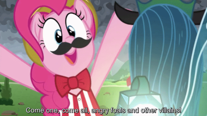 Size: 720x404 | Tagged: safe, screencap, character:pinkie pie, character:queen chrysalis, episode:the ending of the end, g4, my little pony: friendship is magic, leak, animated, bow tie, facial hair, gif, moustache, pinkie being pinkie, pinkie physics, ultimate chrysalis