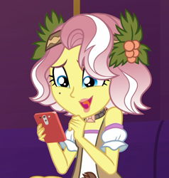 Size: 1028x1080 | Tagged: safe, screencap, character:vignette valencia, episode:inclement leather, g4, my little pony:equestria girls, bare shoulders, beauty mark, cellphone, cropped, female, flower, flower in hair, holly, inclement leather: vignette valencia, open mouth, phone, smartphone, smiling, solo, tongue out, vignette valencia