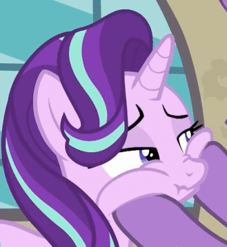 Size: 329x359 | Tagged: safe, screencap, character:firelight, character:starlight glimmer, species:pony, species:unicorn, episode:the parent map, g4, animated, annoyed, cheek squish, cropped, female, frown, gif, male, mare, offscreen character, scrunchy face, sire's hollow, solo focus, squishy cheeks, stallion, starlight is not amused, unamused