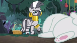 Size: 1920x1080 | Tagged: safe, screencap, character:angel bunny, character:fluttershy, character:zecora, species:pony, species:rabbit, species:zebra, episode:she talks to angel, g4, my little pony: friendship is magic, animal, basket, body swap, cutie mark, duo, ear piercing, earring, everfree forest, female, jewelry, leg rings, looking down, mare, mohawk, mushroom, neck rings, not angel bunny, paw pads, paws, piercing, raised hoof, smiling, underpaw