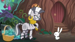 Size: 1920x1080 | Tagged: safe, screencap, character:angel bunny, character:fluttershy, character:zecora, species:pony, species:rabbit, species:zebra, episode:she talks to angel, g4, my little pony: friendship is magic, animal, basket, body swap, duo, eyes closed, female, glowing mushroom, hoof on chest, male, mare, mushroom