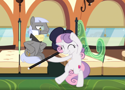 Size: 1056x766 | Tagged: safe, screencap, character:caesar, character:sweetie belle, species:earth pony, species:pony, species:unicorn, episode:growing up is hard to do, g4, my little pony: friendship is magic, being big is all it takes, bipedal, cane, clothing, cropped, cute, cutie mark, dancing, diasweetes, duo, excited, eyes closed, female, hat, holding, male, older, older sweetie belle, stallion, the cmc's cutie marks, top hat
