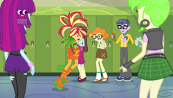 Size: 1280x720 | Tagged: safe, screencap, character:cherry crash, character:microchips, character:mystery mint, character:scribble dee, character:sunset shimmer, character:velvet sky, equestria girls:holidays unwrapped, g4, my little pony:equestria girls, alternate hairstyle, amused, background human, belt, boots, canterlot high, cellphone, cherry crash, clothing, cornucopia costumes, female, how embarrassing, humiliated, humiliation, lockers, male, mary janes, miniskirt, o come all ye squashful, pantyhose, phone, plaid skirt, plusplus, predicament, recording, ripped pantyhose, sandals, shoes, skirt, smartphone, sneakers, so ridiculous it's funny, socks, velvet sky