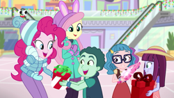 Size: 1280x720 | Tagged: safe, screencap, character:fluttershy, character:pinkie pie, equestria girls:holidays unwrapped, g4, my little pony:equestria girls, canterlot mall, clothing, female, glasses, gloves, kids, kimberlite, male, mint chip, pants, plusplus, present, smiling, technicolor waves, winter outfit