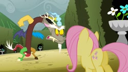 Size: 1366x768 | Tagged: safe, screencap, character:discord, character:fluttershy, episode:the return of harmony, g4, my little pony: friendship is magic, angry, butt, cropped, flutterbutt, plot