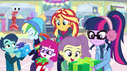 Size: 1280x720 | Tagged: safe, screencap, character:rainbow dash, character:sunset shimmer, character:twilight sparkle, character:twilight sparkle (scitwi), species:eqg human, equestria girls:holidays unwrapped, g4, my little pony:equestria girls, canterlot mall, clothing, earmuffs, eyes closed, female, glasses, henry handle, kids, lily pad (equestria girls), little red, male, manestrum, plusplus, ponytail, present, smiling, winter outfit