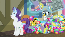 Size: 1600x900 | Tagged: safe, screencap, character:gabby, character:rarity, episode:dragon dropped, g4, my little pony: friendship is magic, aura, book, comic book, eyes closed, gem, levitation, magic, muffin tray, pile, snooty, telekinesis