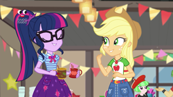 Size: 1280x720 | Tagged: safe, screencap, character:applejack, character:drama letter, character:sandalwood, character:twilight sparkle, character:twilight sparkle (scitwi), character:watermelody, species:eqg human, equestria girls:holidays unwrapped, g4, my little pony:equestria girls, applejack's hat, belt, cardboard cutout, clothing, cowboy hat, cup, denim skirt, eyes closed, female, freckles, geode of super strength, geode of telekinesis, glasses, hat, magical geodes, plusplus, ponytail, skirt, smiling, stetson
