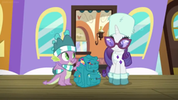 Size: 1600x900 | Tagged: safe, screencap, character:rarity, character:spike, episode:dragon dropped, g4, my little pony: friendship is magic, backpack, boots, clothing, gem, glasses, hat, scarf, shoes, stash, toque, train, train car, train station, winter clothes, winter hat