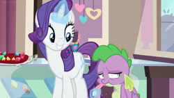 Size: 1600x900 | Tagged: safe, screencap, character:rarity, character:spike, species:dragon, episode:dragon dropped, g4, my little pony: friendship is magic, depressed, gem, heart, levitation, magic, sad, smiling, telekinesis, tongue out, winged spike