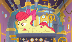 Size: 809x471 | Tagged: safe, screencap, character:apple bloom, species:earth pony, species:pony, episode:growing up is hard to do, g4, my little pony: friendship is magic, bow, cropped, cute, cutie mark, draw me like one of your french girls, female, hair bow, lidded eyes, lying down, mare, older, older apple bloom, side, smug, solo, the cmc's cutie marks, three quarter view
