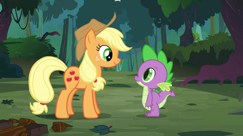 Size: 500x281 | Tagged: safe, screencap, character:applejack, character:spike, species:dragon, species:earth pony, species:pony, episode:spike at your service, g4, my little pony: friendship is magic, animated, applejack's hat, clothing, cowboy hat, forest, hat, hug, shipping fuel, smiling, standing