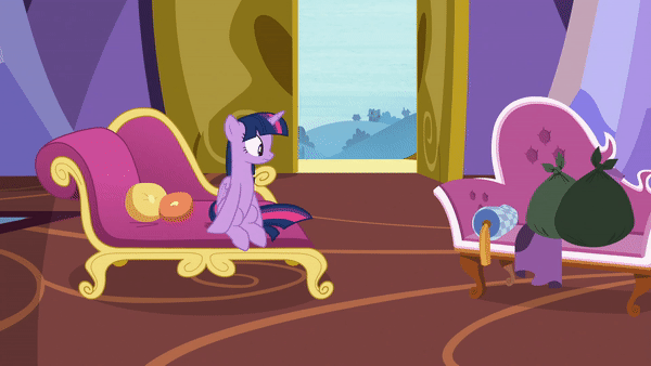Size: 600x338 | Tagged: safe, screencap, character:twilight sparkle, character:twilight sparkle (alicorn), species:alicorn, species:pony, episode:dragon dropped, g4, my little pony: friendship is magic, animated, behaving like rarity, couch, eyeroll, fainting couch, gif, solo, trash