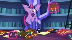 Size: 1920x1080 | Tagged: safe, screencap, character:twilight sparkle, character:twilight sparkle (alicorn), species:alicorn, species:pony, episode:dragon dropped, g4, my little pony: friendship is magic, book, bookshelf, ladder, library, magic, solo, twilight's castle, twilight's castle library