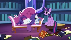 Size: 1920x1080 | Tagged: safe, screencap, character:rarity, character:twilight sparkle, character:twilight sparkle (alicorn), species:alicorn, species:pony, episode:dragon dropped, g4, my little pony: friendship is magic, book, bookshelf, fainting couch, library, marshmelodrama, messy mane, twilight's castle, twilight's castle library