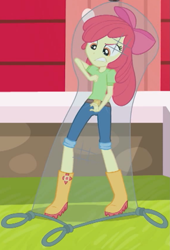 Size: 1155x1698 | Tagged: safe, screencap, character:apple bloom, equestria girls:holidays unwrapped, g4, my little pony:equestria girls, angry, apple bloom's bow, barn, boots, bow, caught, clothing, cropped, hair bow, jeans, net, pants, shoes, the cider louse fools