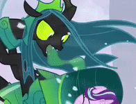 Size: 196x150 | Tagged: safe, screencap, character:queen chrysalis, character:starlight glimmer, species:changeling, episode:the ending of the end, g4, my little pony: friendship is magic, season 9, animated, changeling queen, cocoon, cropped, duo, female, gif, ultimate chrysalis, wrapped up, wrapping, you spin me right round