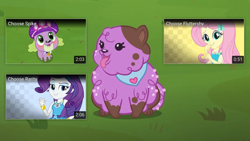Size: 1280x720 | Tagged: safe, screencap, character:fluttershy, character:rarity, character:spike, character:spike (dog), species:dog, episode:lost and pound, g4, my little pony:equestria girls, choose fluttershy, choose rarity, choose spike, clothing, cute, geode of fauna, geode of shielding, hat, lost and pound: fluttershy, lost and pound: rarity, lost and pound: spike, magical geodes, princess thunder guts, spikabetes, spike's festival hat, tongue out