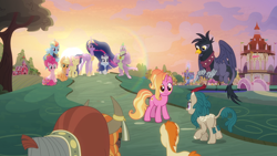 Size: 1920x1080 | Tagged: safe, screencap, character:applejack, character:fluttershy, character:luster dawn, character:pinkie pie, character:rainbow dash, character:rarity, character:spike, character:twilight sparkle, character:twilight sparkle (alicorn), species:alicorn, species:dragon, species:earth pony, species:griffon, species:kirin, species:pegasus, species:pony, species:unicorn, species:yak, episode:the last problem, g4, my little pony: friendship is magic, butt, carousel boutique, female, friends, gallop j. fry, georgia (character), gigachad spike, male, mane six, mare, older, older applejack, older fluttershy, older gallop j. fry, older pinkie pie, older rainbow dash, older rarity, older spike, plot, ponyville, ponyville town hall, princess twilight 2.0, river song (character), stallion, sunset, sweet apple acres, town hall, twilight's castle, winged spike, yelena