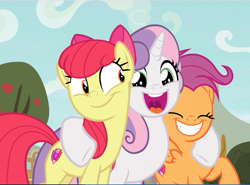 Size: 1200x887 | Tagged: safe, screencap, character:apple bloom, character:scootaloo, character:sweetie belle, species:earth pony, species:pegasus, species:pony, species:unicorn, episode:growing up is hard to do, g4, my little pony: friendship is magic, adorabloom, cropped, cute, cutealoo, cutie mark, cutie mark crusaders, diasweetes, excited, eyes closed, female, happy, hug, mare, older, older apple bloom, older cmc, older scootaloo, older sweetie belle, open mouth, smiling, the cmc's cutie marks, trio