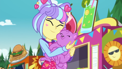 Size: 1920x1080 | Tagged: safe, screencap, character:supernova zap, species:dog, episode:lost and pound, g4, my little pony:equestria girls, burger, cuddling, cute, eyes closed, female, food, food truck, french fries, hamburger, hug, lost and pound: fluttershy, outdoors, princess thunder guts, su-z, su-z-betes, supernova zap
