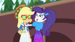 Size: 1920x1080 | Tagged: safe, screencap, character:applejack, character:rarity, episode:festival filters, g4, my little pony:equestria girls, clothing, dress, female, geode of shielding, glasses, hat, magical geodes