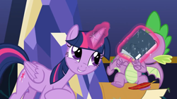 Size: 1280x720 | Tagged: safe, screencap, character:spike, character:twilight sparkle, character:twilight sparkle (alicorn), species:alicorn, species:dragon, species:pony, episode:the last problem, g4, my little pony: friendship is magic, leak, claws, cute, cutie mark, female, folded wings, glowing horn, grin, horn, magic, male, mare, quill, raised hoof, smiling, spread wings, telekinesis, too cute, underfoot, winged spike, wings