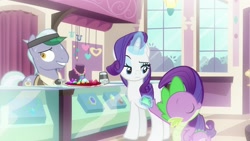 Size: 1920x1080 | Tagged: safe, screencap, character:rarity, character:spike, species:dragon, species:pony, episode:dragon dropped, g4, my little pony: friendship is magic, flashback, gem, karat, magic, winged spike