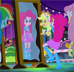 Size: 965x938 | Tagged: safe, screencap, character:applejack, character:fluttershy, character:pinkie pie, character:rainbow dash, episode:a perfect day for fun, equestria girls:rainbow rocks, g4, my little pony:equestria girls, mirror, pinkie being pinkie, pinkie physics