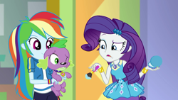 Size: 1280x720 | Tagged: safe, screencap, character:rainbow dash, character:rarity, character:spike, character:spike (dog), species:dog, episode:a fine line, g4, my little pony:equestria girls, geode of shielding, magical geodes