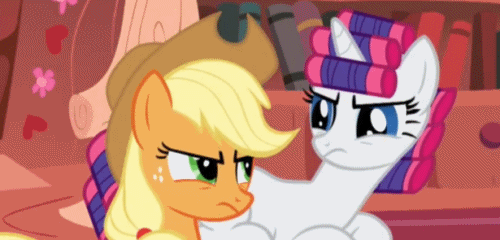 Size: 500x240 | Tagged: safe, screencap, character:applejack, character:rarity, species:earth pony, species:pony, species:unicorn, episode:look before you sleep, g4, my little pony: friendship is magic, animated, female, gif, golden oaks library, hair curlers, looking at each other, mare, prone, tsundere, tsunderity, tsunjack