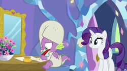 Size: 1920x1080 | Tagged: safe, screencap, character:rarity, character:spike, species:dragon, species:pony, episode:dragon dropped, g4, my little pony: friendship is magic, clothing, flower, hat, nightcap, quill, winged spike
