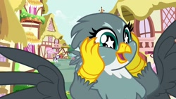 Size: 1920x1080 | Tagged: safe, screencap, character:gabby, character:rarity, species:griffon, species:pony, species:unicorn, episode:dragon dropped, g4, my little pony: friendship is magic, cute, female, flying, gabbybetes, implied spike, starry eyes, wingding eyes