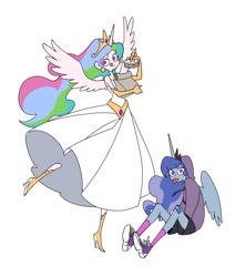 Size: 1280x1440 | Tagged: safe, artist:kairean, character:princess celestia, character:princess luna, my little pony:equestria girls, bandage, clothing, converse, cute, dress, duo, duo female, equestria girls-ified, female, food, high heels, hoodie, horn, looking at you, majestic as fuck, no pupils, paper bag, sandwich, shoes, sneakers, tongue out, wings