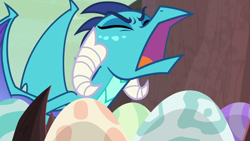 Size: 1920x1080 | Tagged: safe, screencap, character:princess ember, species:dragon, episode:sweet and smoky, g4, my little pony: friendship is magic, dragon egg, dragoness, egg, eyes closed, female, open mouth, solo