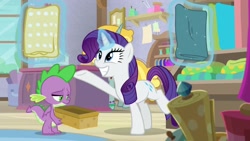Size: 1920x1080 | Tagged: safe, screencap, character:rarity, character:spike, species:dragon, species:pony, episode:dragon dropped, g4, my little pony: friendship is magic, basket, fabric, magic, sad, winged spike