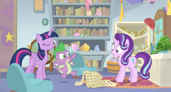 Size: 1600x862 | Tagged: safe, screencap, character:phyllis, character:spike, character:starlight glimmer, character:twilight sparkle, character:twilight sparkle (alicorn), species:alicorn, species:dragon, species:pony, species:unicorn, episode:a horse shoe-in, g4, my little pony: friendship is magic, bookshelf, bucket, cabinet, chair, desk, female, house plant, mare, office, philodendron, picture frame, rug, scroll, winged spike