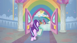 Size: 1600x900 | Tagged: safe, screencap, character:spoiled rich, character:starlight glimmer, character:yona, species:pony, species:unicorn, species:yak, episode:a horse shoe-in, g4, my little pony: friendship is magic, bucket, carpet, clipboard, column, door, female, gym, gymnasium, levitation, magic, mare, rainbow, telekinesis