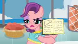 Size: 1600x900 | Tagged: safe, screencap, character:spoiled rich, species:earth pony, species:pony, episode:a horse shoe-in, g4, my little pony: friendship is magic, bags under eyes, ball, basket, book, clothing, eyeshadow, female, graph, makeup, mare, pointing, raised eyebrow, snobby, solo