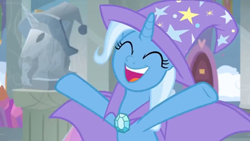 Size: 1600x900 | Tagged: safe, screencap, character:trixie, species:pony, species:unicorn, episode:a horse shoe-in, g4, my little pony: friendship is magic, bust, cape, clothing, cute, diatrixes, female, happy, hat, mare, raised hooves, smiling, solo, trixie's cape, trixie's hat