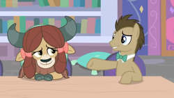 Size: 1600x900 | Tagged: safe, screencap, character:doctor whooves, character:time turner, character:yona, species:earth pony, species:pony, species:yak, episode:a horse shoe-in, g4, my little pony: friendship is magic, book, bookshelf, bow, bow tie, cloven hooves, conference, cushion, female, hair bow, library, male, monkey swings, stallion, table, teenager
