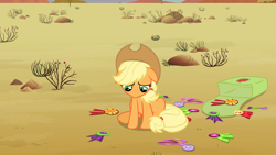 Size: 1920x1080 | Tagged: safe, screencap, character:applejack, species:earth pony, species:pony, episode:the last roundup, g4, my little pony: friendship is magic, cute, female, floppy ears, jackabetes, looking down, mare, medal, ribbon, sad, sadorable, solo