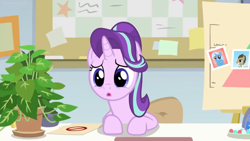 Size: 1600x900 | Tagged: safe, screencap, character:doctor whooves, character:phyllis, character:starlight glimmer, character:time turner, character:trixie, species:pony, species:unicorn, episode:a horse shoe-in, g4, my little pony: friendship is magic, bulletin board, desk, female, folder, house plant, mare, mints, office, philodendron, photos