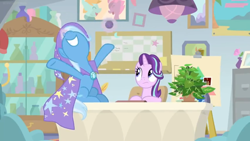 Size: 1600x900 | Tagged: safe, screencap, character:phyllis, character:starlight glimmer, character:trixie, species:pony, species:unicorn, episode:a horse shoe-in, g4, my little pony: friendship is magic, bulletin board, cabinet, cape, ceiling light, clothing, desk, easel, female, file cabinet, flower vase, hat, house plant, mare, office, philodendron, picture frame, poser, smoke bomb, trixie's cape, trixie's hat