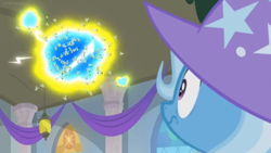 Size: 1600x900 | Tagged: safe, screencap, character:trixie, species:pony, episode:a horse shoe-in, g4, my little pony: friendship is magic, banner, ceiling light, clothing, electricity, flash bee, hat, looking up, oops, solo, swarm, trixie's hat, uh oh