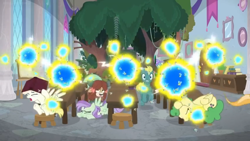 Size: 1600x900 | Tagged: safe, screencap, character:huckleberry, character:yona, episode:a horse shoe-in, g4, my little pony: friendship is magic, attack, banner, book, cabinet, chaos, desk, ducking, flash bee, friendship student, panic, picture frame, stool, swarm, tree, window