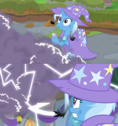 Size: 1600x1706 | Tagged: safe, screencap, character:trixie, species:pony, episode:a horse shoe-in, g4, my little pony: friendship is magic, burnt, cape, ceiling light, clothing, electricity, hat, idiot, scared, shocking, smoke, smoke bomb, smokescreen, trixie's cape, trixie's hat