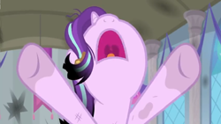 Size: 1600x900 | Tagged: safe, screencap, character:starlight glimmer, species:pony, episode:a horse shoe-in, g4, my little pony: friendship is magic, banner, nose in the air, raised hooves, ruined, singed, solo, window, yelling