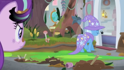 Size: 1600x900 | Tagged: safe, screencap, character:starlight glimmer, character:trixie, species:pony, episode:a horse shoe-in, g4, my little pony: friendship is magic, ashamed, bog, cape, cattails, clothing, dirt, hat, leaving, moss, mushroom, picture frame, sad, tree, trixie's cape, trixie's hat, upset