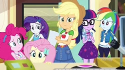 Size: 640x360 | Tagged: safe, screencap, character:applejack, character:fluttershy, character:pinkie pie, character:rainbow dash, character:rarity, character:twilight sparkle, character:twilight sparkle (scitwi), species:eqg human, episode:schedule swap, g4, my little pony:equestria girls, applejack's hat, clothing, cowboy hat, discovery family logo, glasses, hat, humane five, humane six, nervous, photo